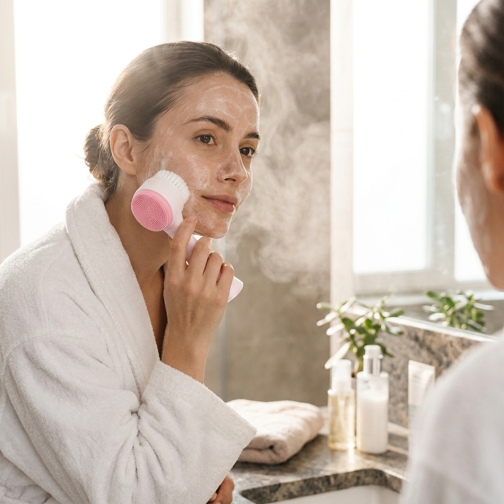 Silica gel facial brush in use