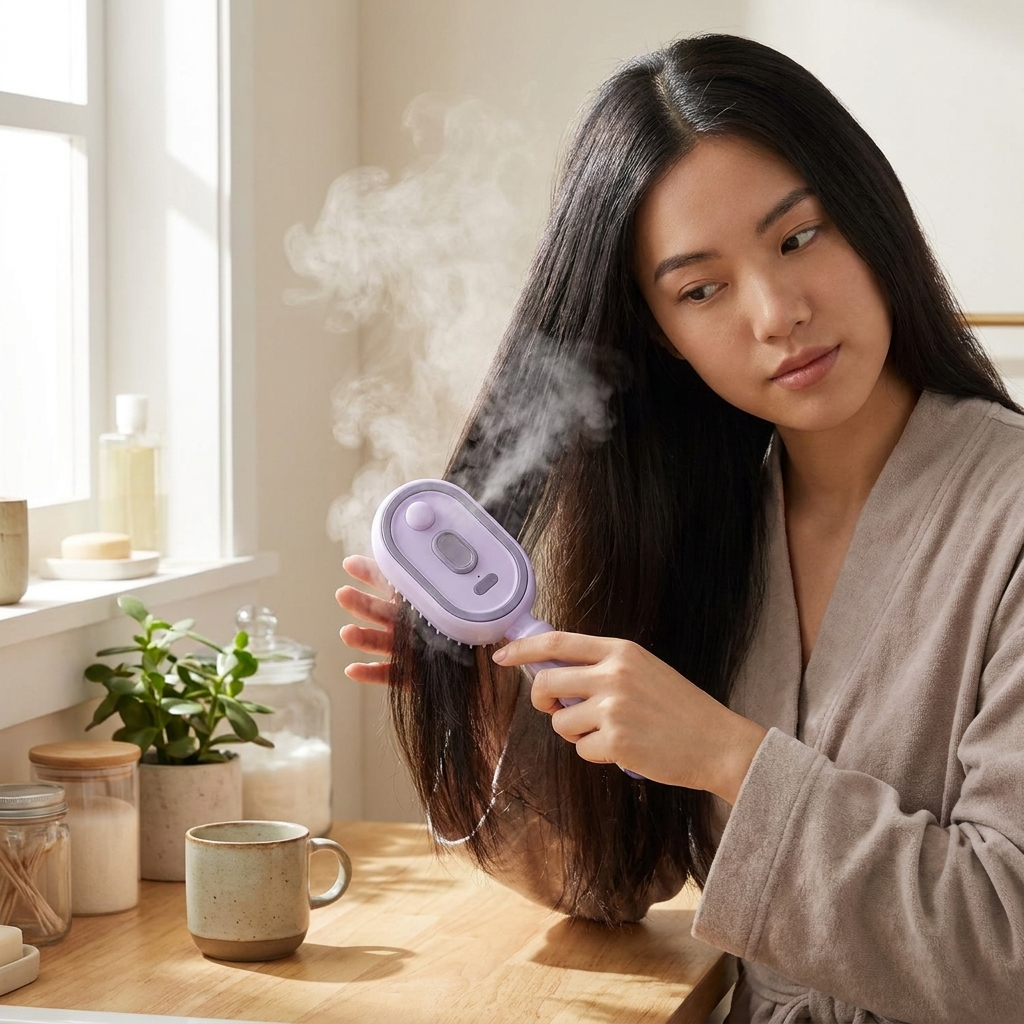 Spray scalp massager comb in use