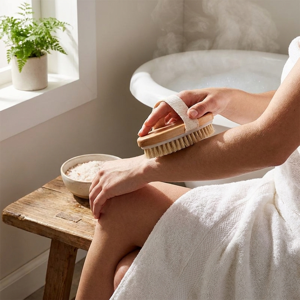 Natural bristle body spa brush in use