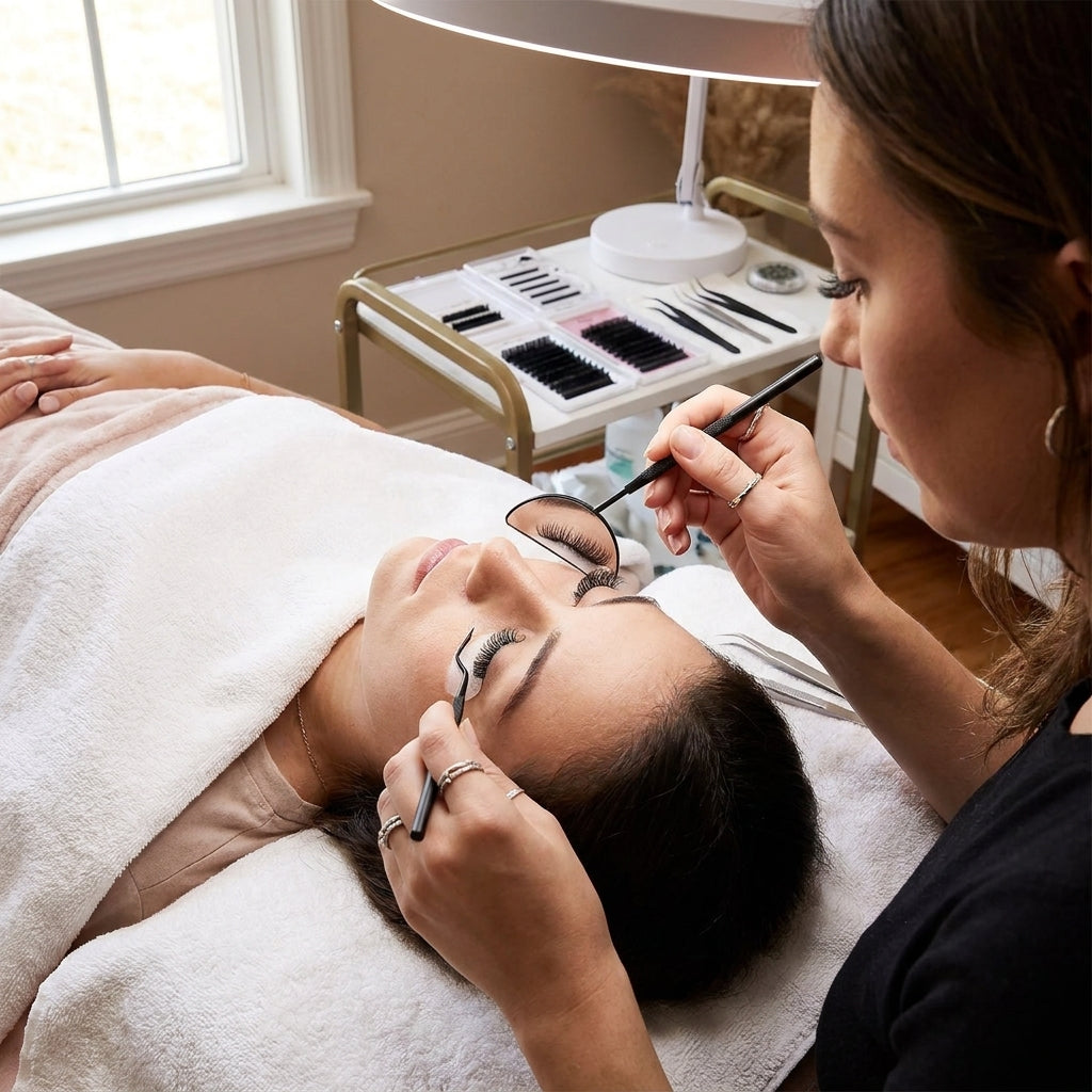 Eyelash extension moon mirror in use