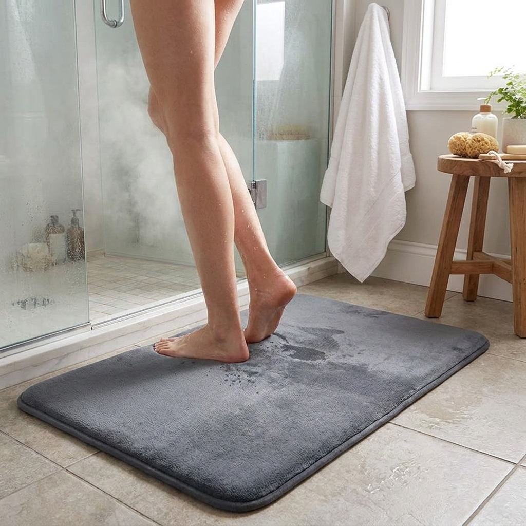 Super absorbent bath mat in use