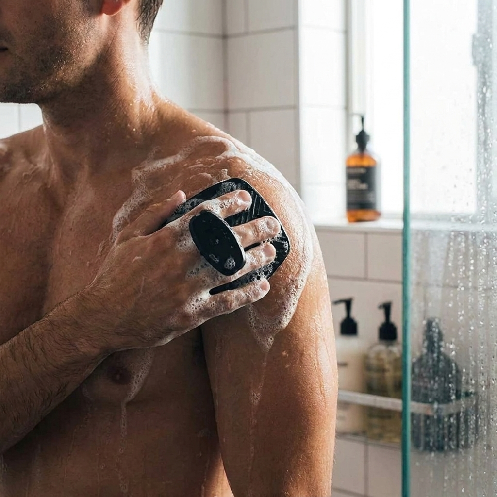 Silicone body cleansing brush in use
