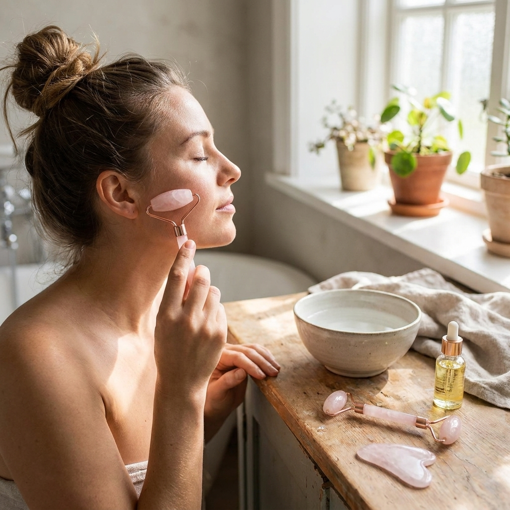 Rose quartz gua sha roller in use