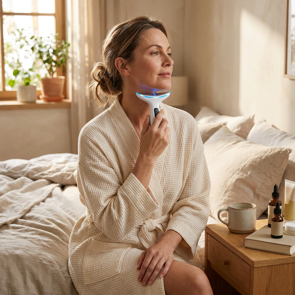 Microcurrent neck beauty device in use