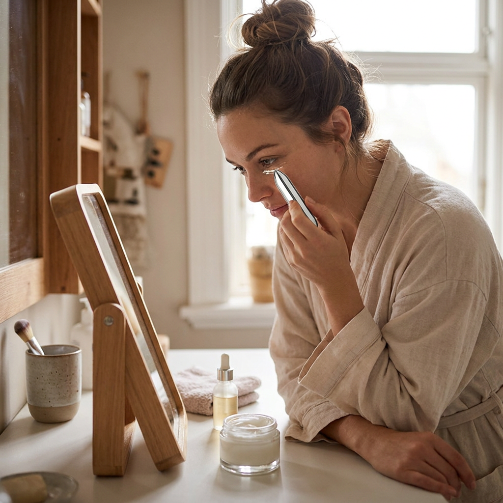 Mini vibrating facial massager in use